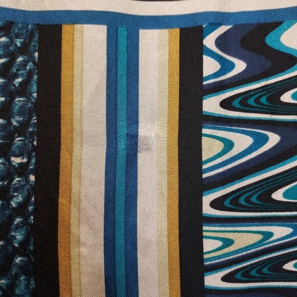 Adrienne Landau Scarf 100% Silk Geometric Brown White Aqua Blue Cravat 52" x 11" - Picture 12 of 14